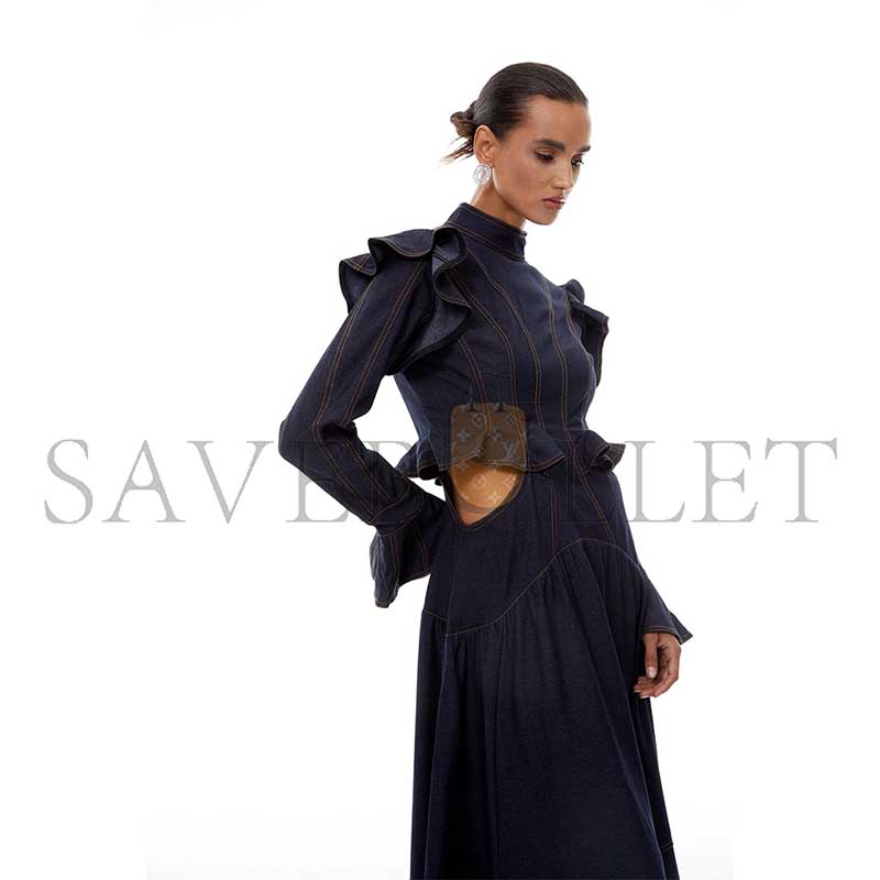 ZIMMERMANN WILHELMINE INDIGO BLUE RUFFLED DENIM MIDI DRESS 